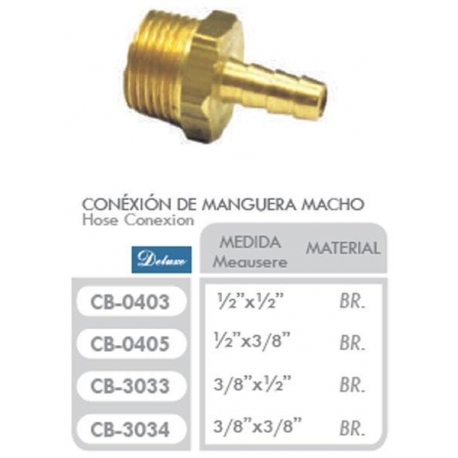 Conexion Manguera Macho 3/8 NPT X 1/2 Pulgada Espiga (Bronce) Ferreteria